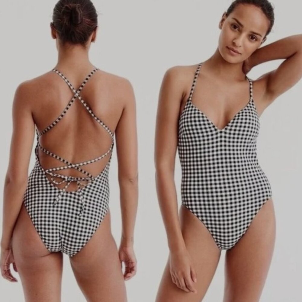 J.Crew Lace-Up Back One-Piece Swimsuit Black/ Ivory